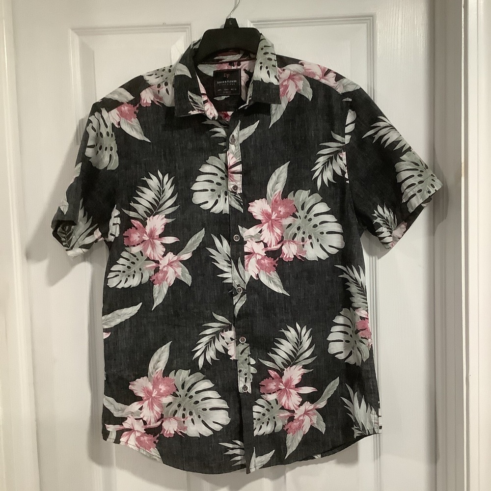 Denim & Flower Slim‎ Short Sleeve Fit Casual Button-Down Floral Size Large Men's